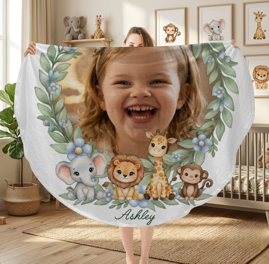 Personalized Baby Safari Round Blanket with Photo and Name - Watercolor Safari Animals and Botanical Wreath on White - Custom Baby Gift in 47 or 60 Inch