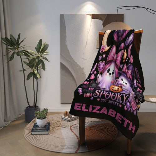 Personalized Halloween Ghost Blanket with Name - Spooky But Sweet Kawaii Ghosts in Pink Bows, Witch Hat, Pumpkin and Candy