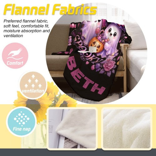 Personalized Halloween Ghost Blanket with Name - Spooky But Sweet Kawaii Ghosts in Pink Bows, Witch Hat, Pumpkin and Candy