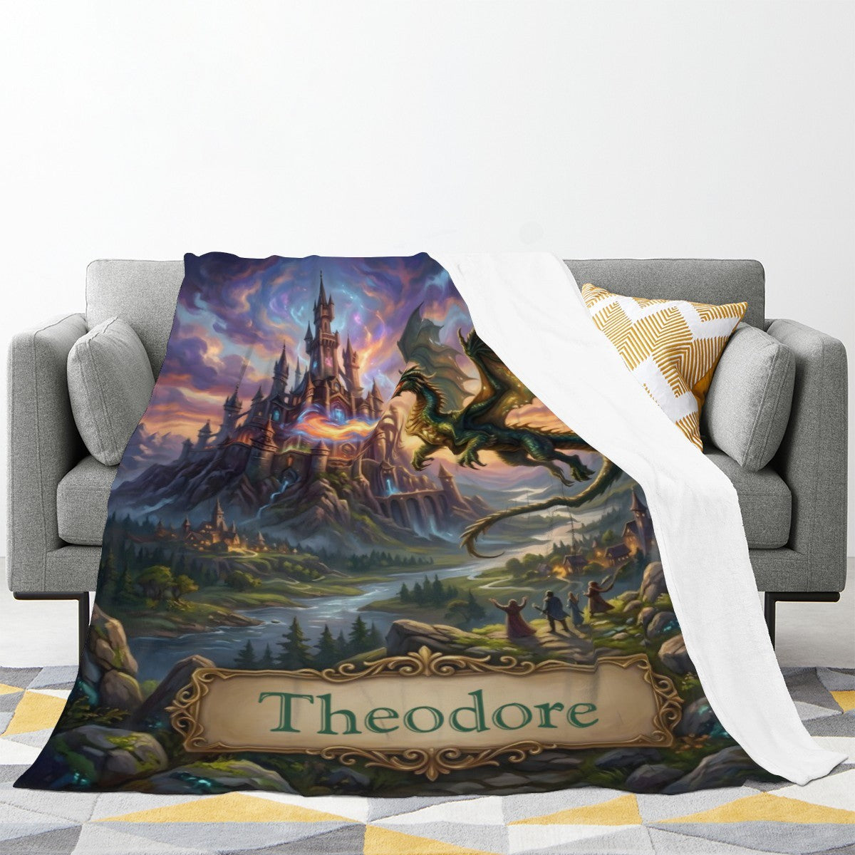 Personalized Dragon Blanket with Name - Custom Fantasy Castle and Dragon Fleece Throw for Boys, Girls, Kids and Dragon Lovers