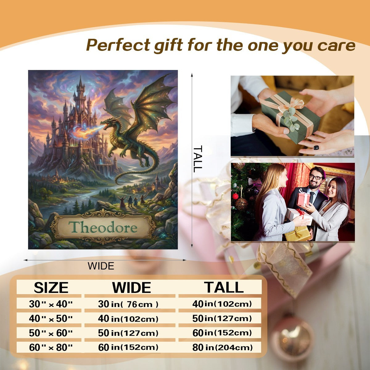 Personalized Dragon Blanket with Name - Custom Fantasy Castle and Dragon Fleece Throw for Boys, Girls, Kids and Dragon Lovers