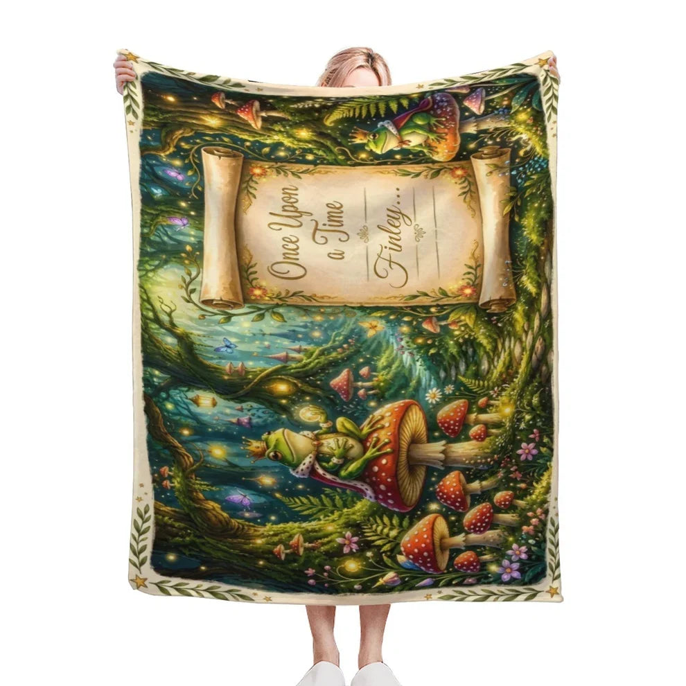 Personalized Enchanted Forest Blanket with Name - Once Upon a Time Frog Prince and Toadstool Fairytale Fleece Throw for Kids and Babies