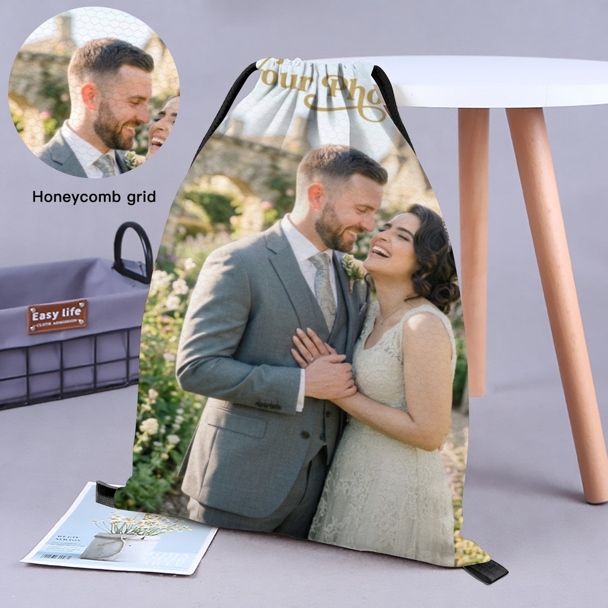 Custom Photo Drawstring Bag - Upload Any Photo - Personalized Full Print Photo Gift Bag for Pets, Couples, Family, and Memories