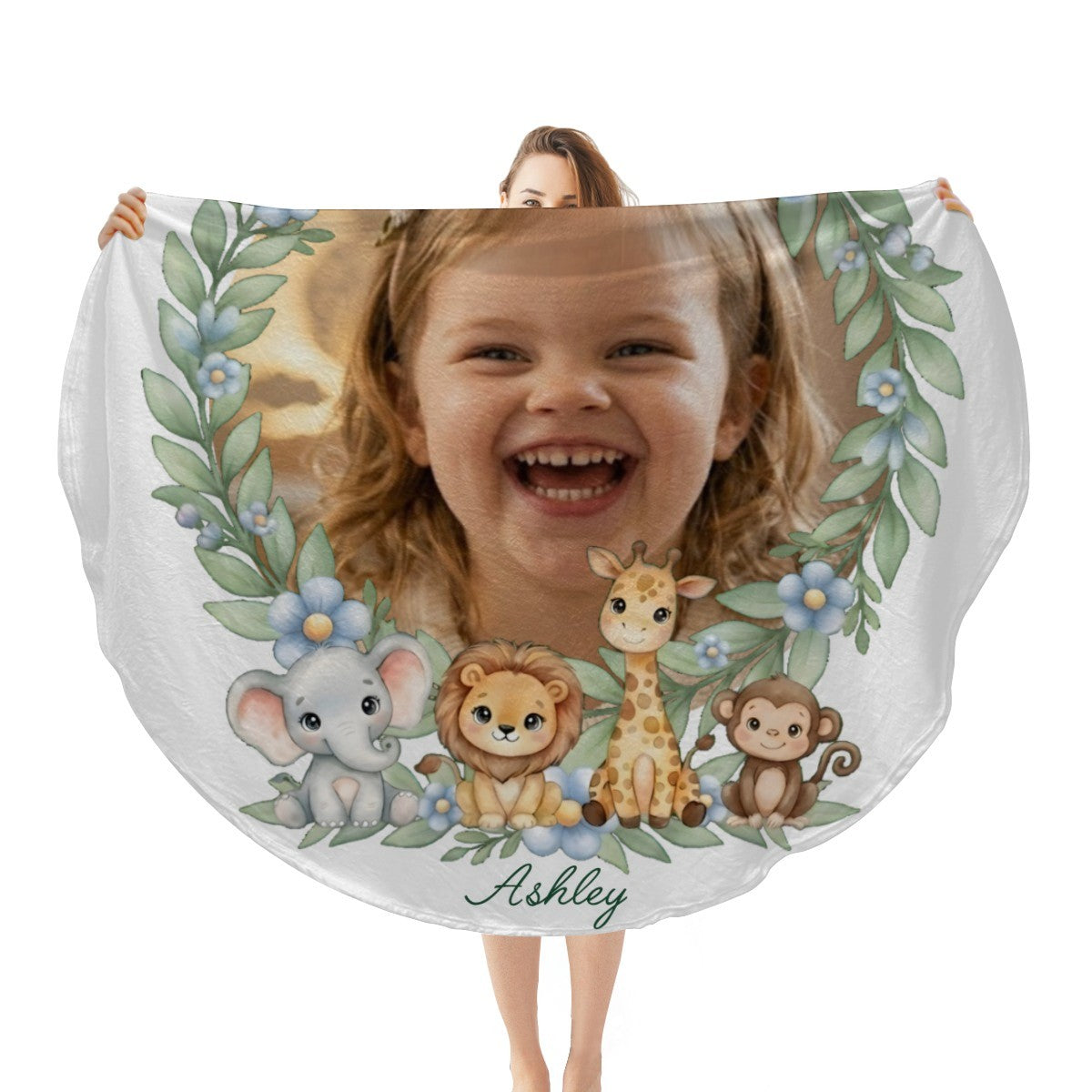 Personalized Baby Safari Round Blanket with Photo and Name - Watercolor Safari Animals and Botanical Wreath on White - Custom Baby Gift in 47 or 60 Inch